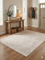 5' x 5' square ivory & soft beige subtle diamond modern area rug placed in a bright entryway foyer.