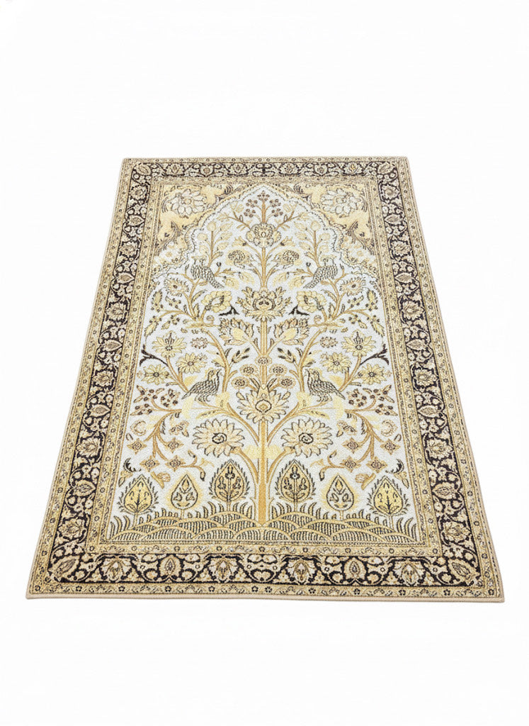 5' x 5' square ivory taupe beige floral traditional area rug featuring an ornate botanical pattern with detailed border design.