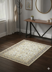 5' x 5' square ivory taupe beige floral traditional area rug placed in a bright entryway with wood console table and coat rack.