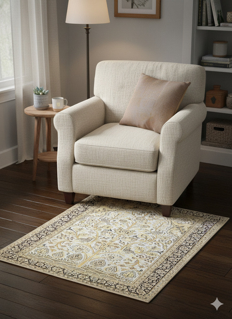 5' x 5' square ivory taupe beige floral traditional area rug styled beneath an accent chair in a cozy reading nook with dark wood floors.