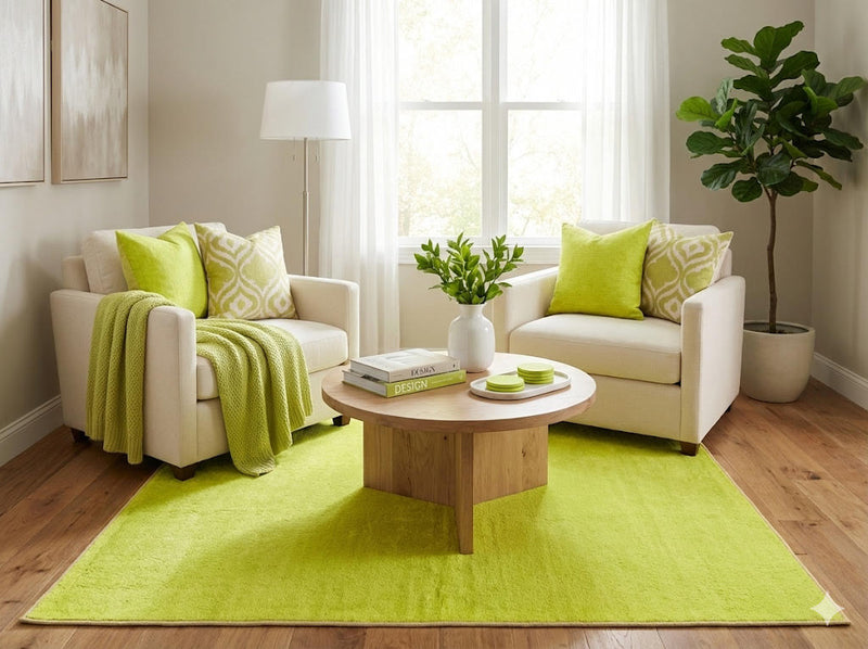 5' x 5' square lime green & solid modern area rug styled in a bright living room.