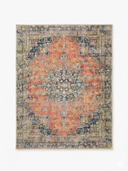 5' x 5' square multi-color & coral blue distressed medallion traditional area rug displayed on a white background.