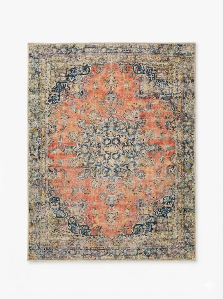 5' x 5' square multi-color & coral blue distressed medallion traditional area rug displayed on a white background.