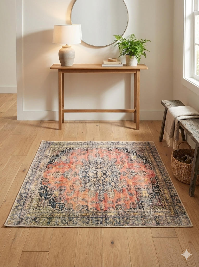 5' x 5' square multi-color & coral blue distressed medallion traditional area rug placed in a welcoming entryway foyer.