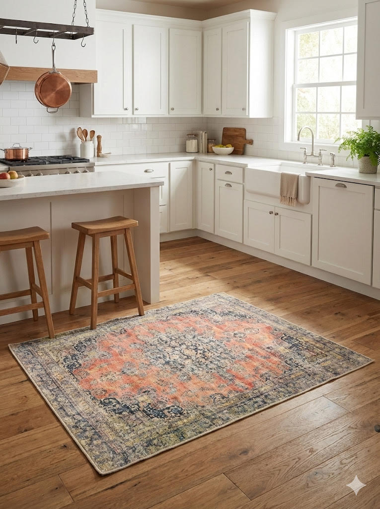 5' x 5' square multi-color & coral blue distressed medallion traditional area rug styled in a bright kitchen.