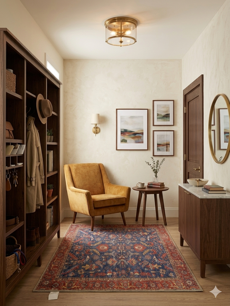 5' x 5' square navy blue & red floral medallion traditional area rug placed in a cozy entryway with a mustard accent chair, wood shelving, and warm lighting.
