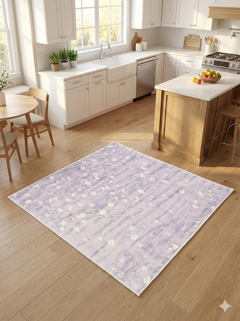 5' x 5' square soft lilac & pale cream floral watercolor modern area rug placed in a bright kitchen with white cabinetry, wood floors, and a central island.