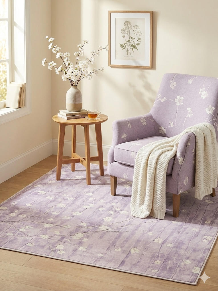 5' x 5' square soft lilac & pale cream floral watercolor modern area rug styled in a cozy reading nook with an upholstered accent chair, side table, and natural sunlight.