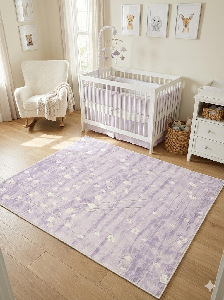 5' x 5' square soft lilac & pale cream floral watercolor modern area rug styled in a light-filled nursery with a white crib, soft textiles, and neutral wood flooring