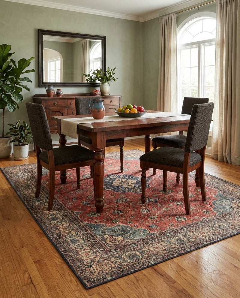 5' x 6' Rectangular Rust Red & Navy Blue Distressed Floral Medallion Traditional Area Rug styled in a dining room with a wooden dining table and dark upholstered chairs.