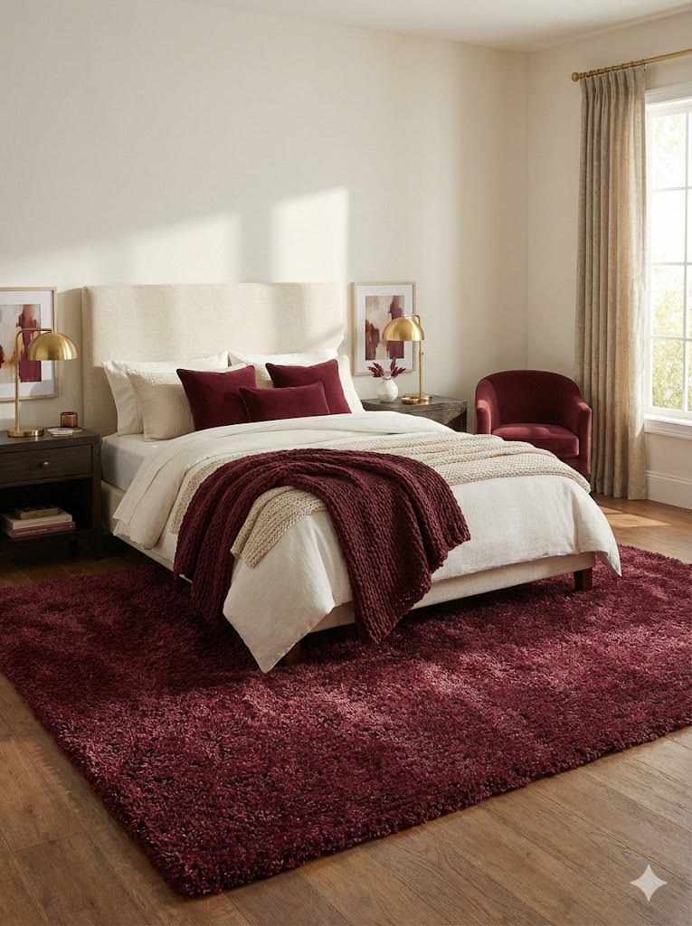 5' x 7.7' deep burgundy wine red undertones solid plush area rug styled in a bedroom with neutral bedding and burgundy decor.