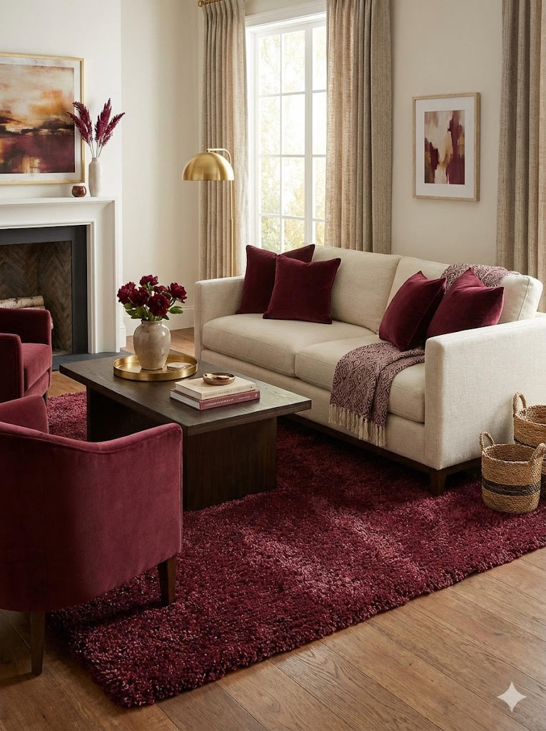 5' x 7.7' deep burgundy wine red undertones solid plush area rug styled in a warm living room with cream sofa and burgundy accents.