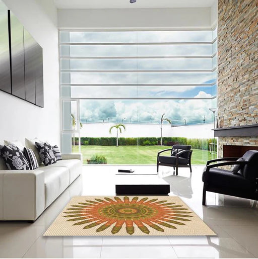 5' x 7' Beige Green Floral Medallion Patterned Area Rug styled in a contemporary living room, emphasizing the decorative centerpiece pattern.