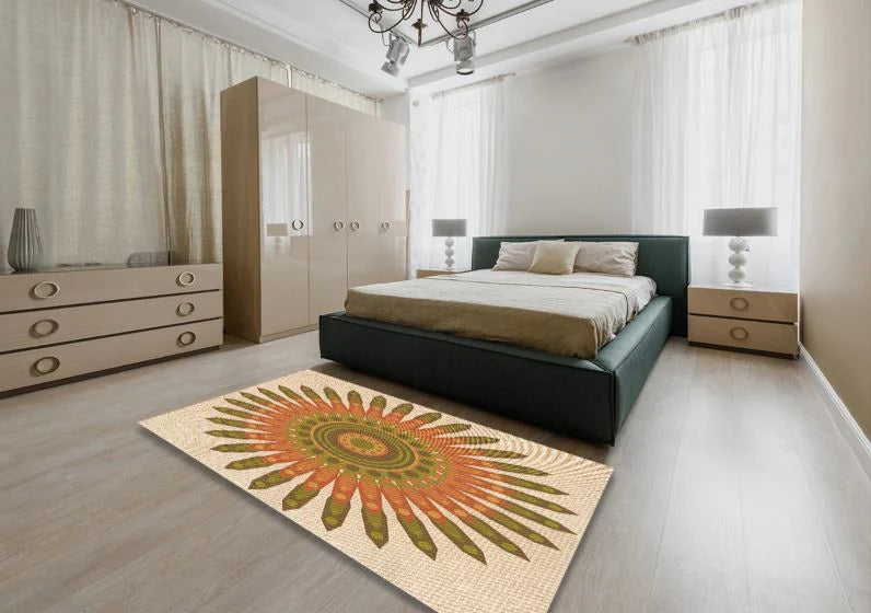5' x 7' Beige Green Floral Medallion Patterned Area Rug styled in a modern bedroom setting, highlighting the bold radial floral medallion design.