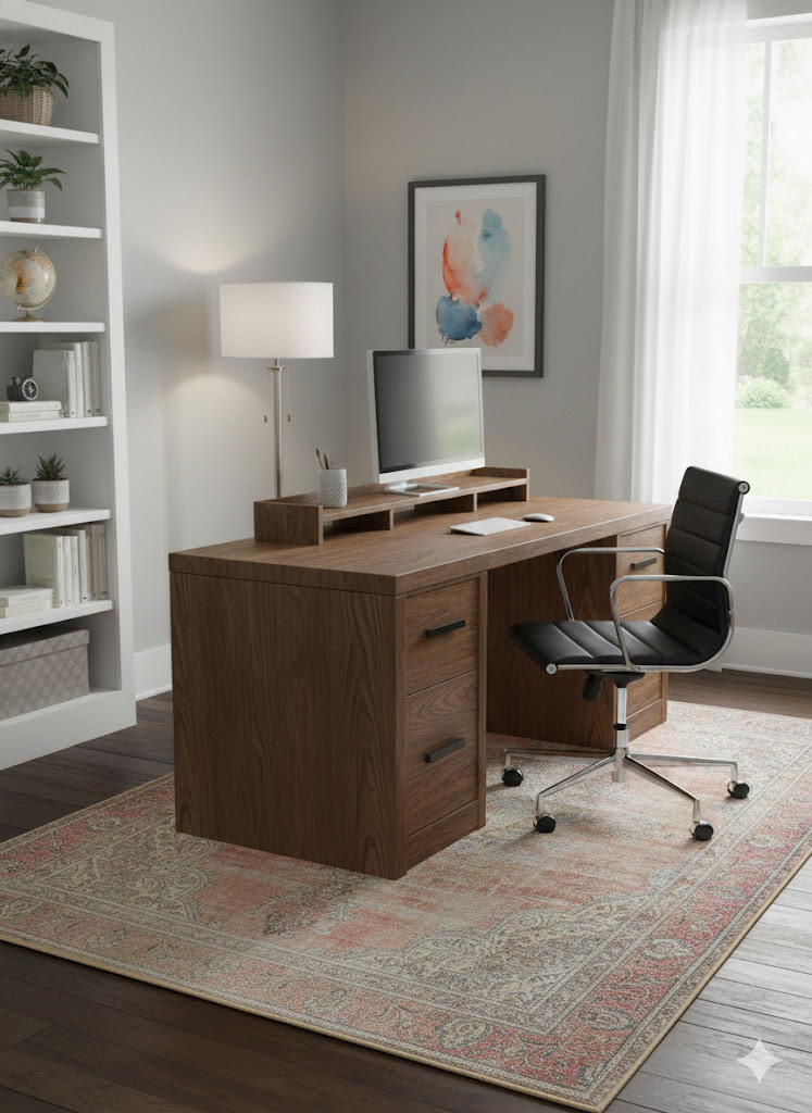 5' x 7' Blush & Beige Ivory Light Taupe Distressed Traditional Area Rug placed under a wooden desk in a stylish home office with ample natural light and elegant bookshelves.