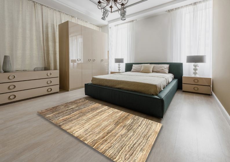 5' x 7' Dark Gold Brown Beige Striped Contemporary Modern Rug styled in a modern bedroom, highlighting the warm striped pattern complementing neutral furniture.