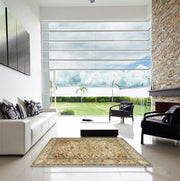 5' x 7' Ivory Multi Color Floral Medallion Traditional Persian Area Rug styled in a bright modern living room with a white sofa, black accent chairs, and large floor-to-ceiling windows.