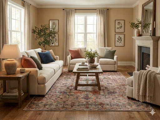 5' x 7'  Multi Color Vintage Floral Rectangular Area Rug placed in a cozy living room with neutral-colored furniture, vibrant throw pillows, 
and a relaxed light vibe.