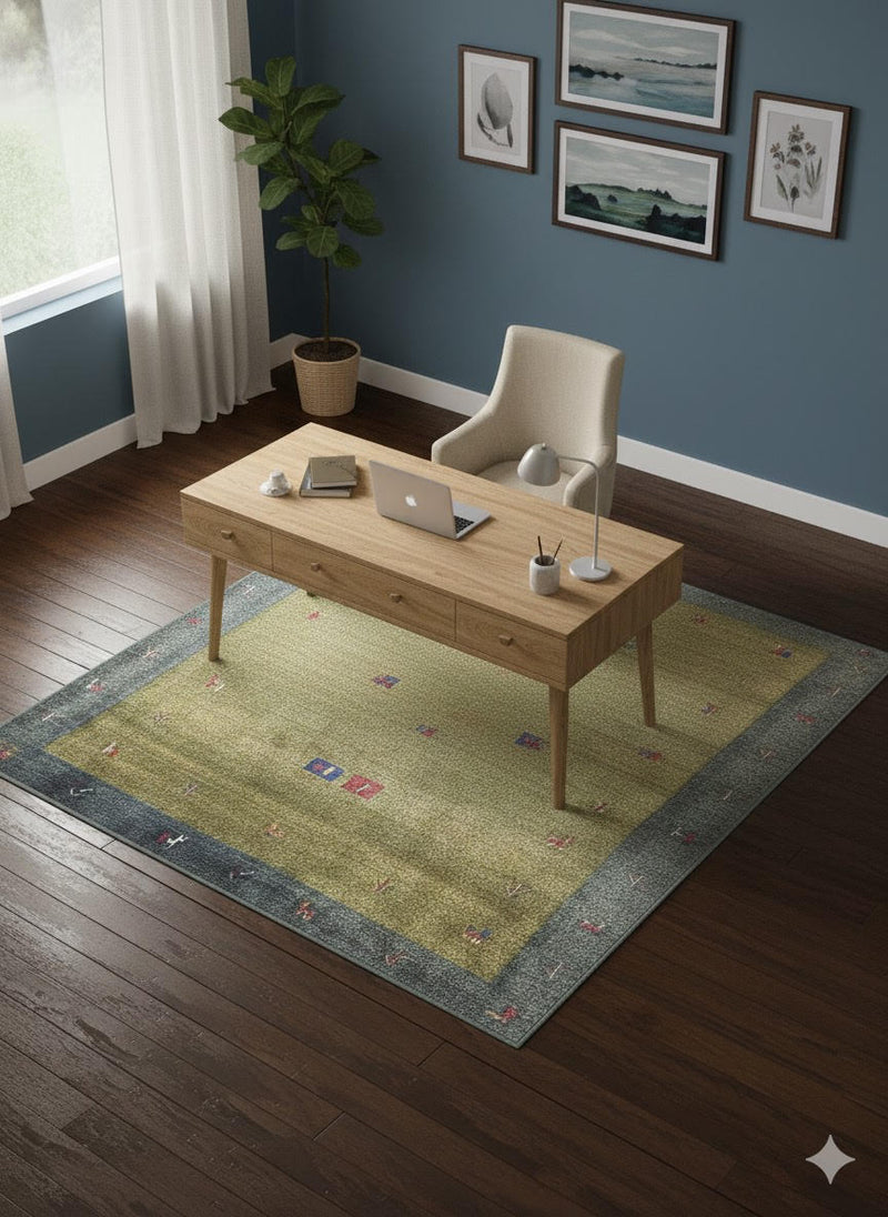 5' x 7' Olive Green & Slate Blue Minimalist Border Area Rug placed in a contemporary home office.