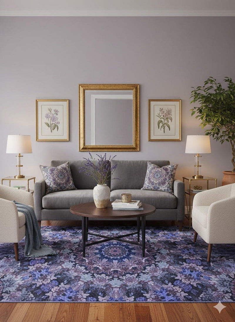 5' x 7' Purple Indigo Blue Floral Medallion Vintage-Style Area Rug styled in an elegant living room with a gray sofa, neutral armchairs, gold accents, and a round coffee table.