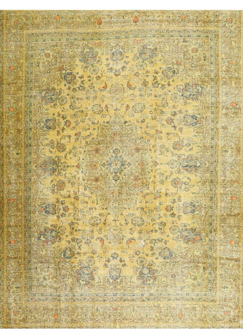 5' x 7' Rectangle Warm Gold / Antique Yellow Distressed Floral Traditional Area Rug close-up view highlighting the intricate floral pattern and vintage-inspired distressed details.