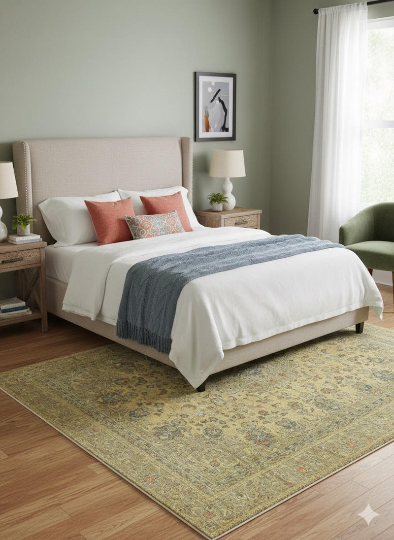 5' x 7' Rectangle Warm Gold / Antique Yellow Distressed Floral Traditional Area Rug displayed in a calm bedroom setting beneath a bed with neutral bedding and warm accent pillows.