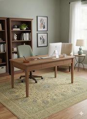 5' x 7' Rectangle Warm Gold / Antique Yellow Distressed Floral Traditional Area Rug placed in a bright home office with a wooden desk, bookshelf, and soft green walls.