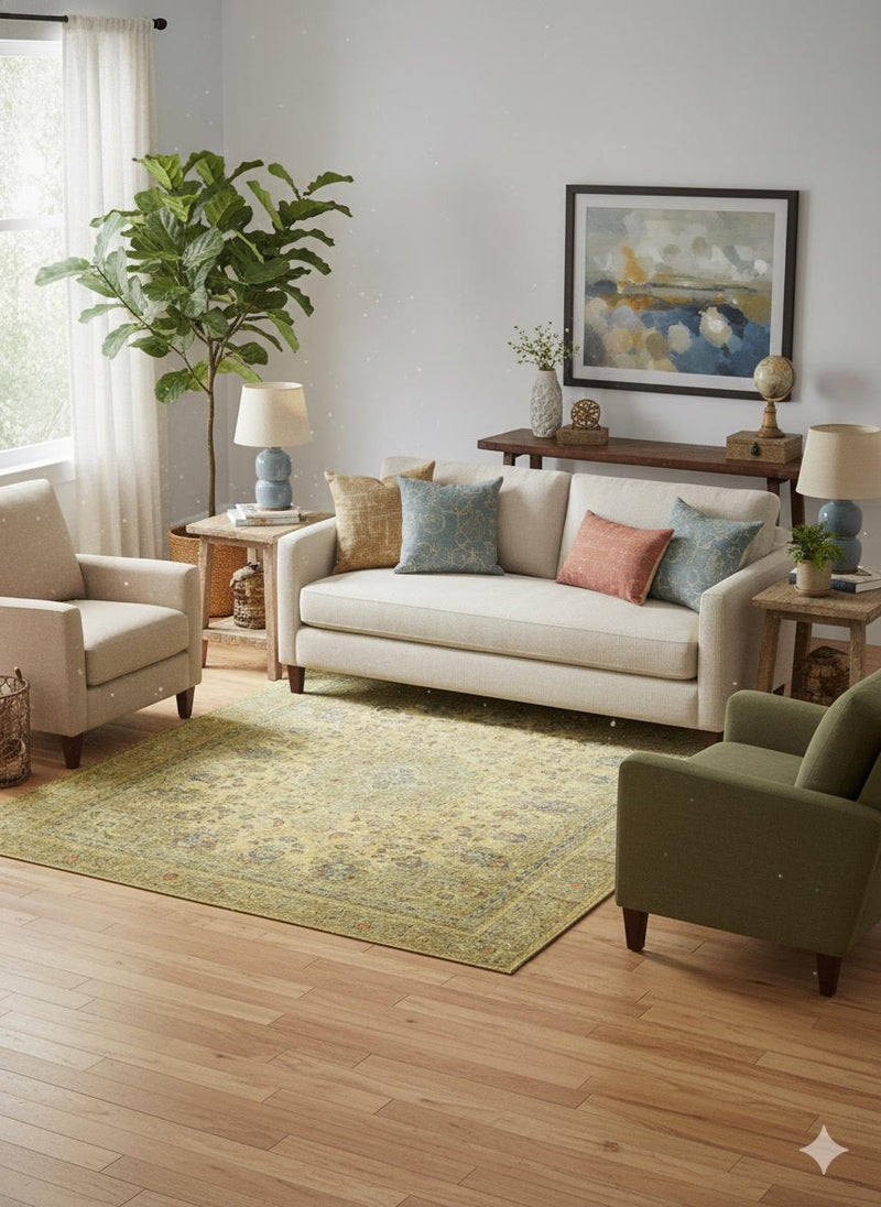 5' x 7' Rectangle Warm Gold / Antique Yellow Distressed Floral Traditional Area Rug styled in a cozy living room with neutral seating, accent pillows, and natural wood furniture.