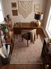 5' x 7' Rectangular Beige & Brown Floral Traditional Washable Area Rug placed in a warm home office beneath a wooden desk.