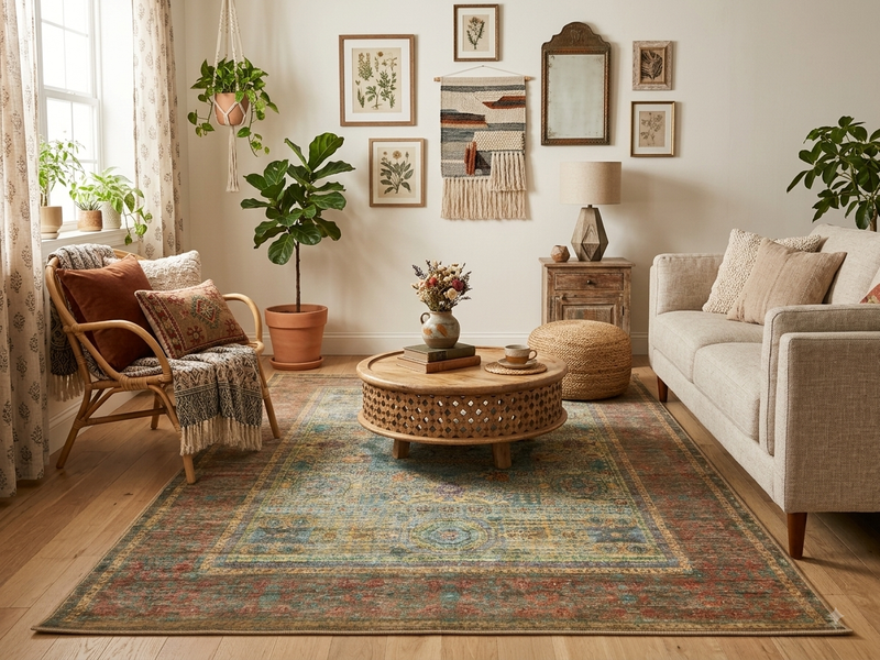 5' x 7' Rectangular Beige & Teal Rust Distressed Medallion Vintage Traditional Area Rug styled in a bohemian living room with a cream sofa and round wooden coffee table.
