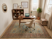 5' x 7' Rectangular Beige & Teal Rust Distressed Medallion Vintage Traditional Area Rug styled in a home office with a wooden desk and cream upholstered chair.