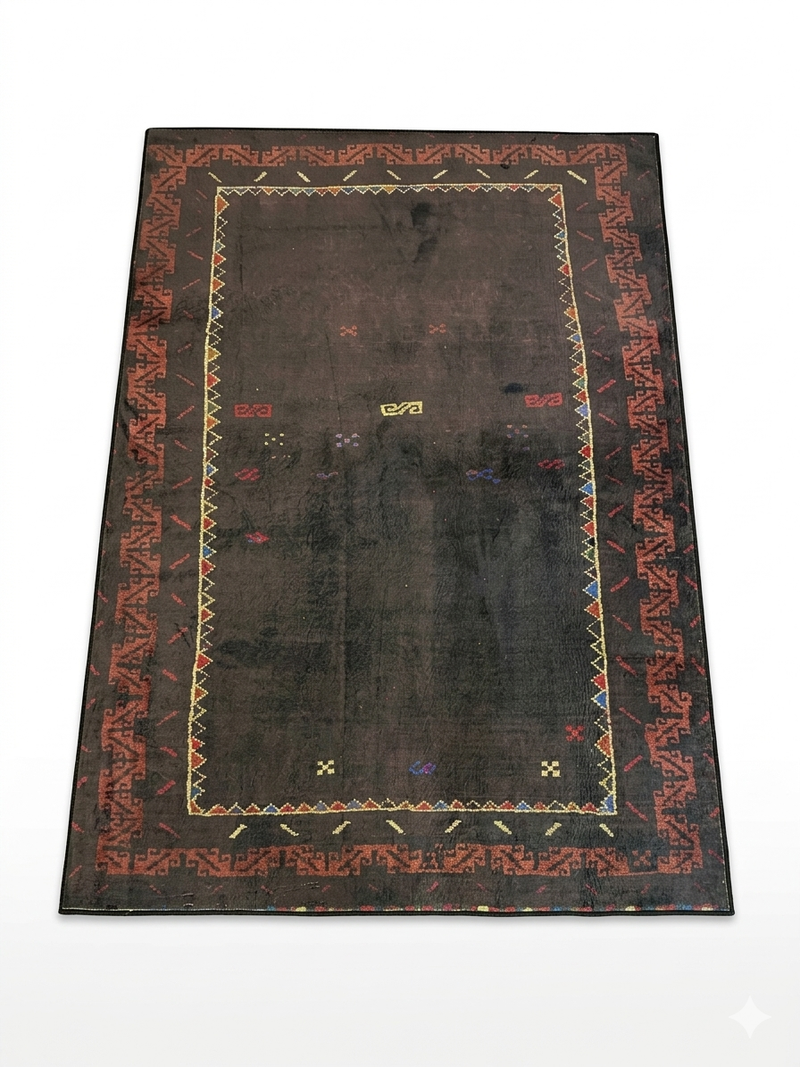 5' x 7' Rectangular Charcoal & Red Minimalist Tribal Border Modern Area Rug styled in a home office with a wooden desk and modern seating.