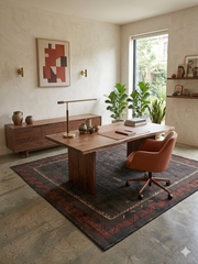 5' x 7' Rectangular Charcoal & Red Minimalist Tribal Border Modern Area Rug styled in a home office with a wooden desk and modern seating.