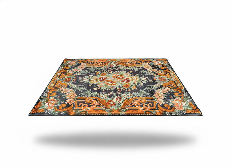 5' x 7' Rectangular Charcoal & Rust Orange Floral Traditional Area Rug featuring an ornate floral design with sage green and cream accents on a charcoal background.