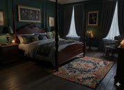 5' x 7' Rectangular Charcoal & Rust Orange Floral Traditional Area Rug placed in a bedroom with a dark wood canopy bed and gray bedding.