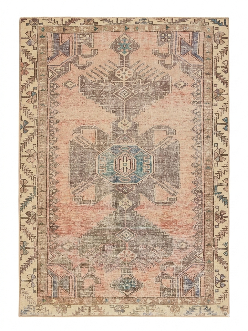 5' x 7' Rectangular Coral & Beige Tribal Medallion Distressed Traditional Area Rug shown in a flat product design view.