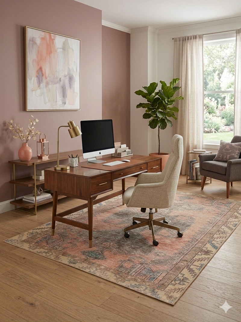 5' x 7' Rectangular Coral & Beige Tribal Medallion Distressed Traditional Area Rug styled in a modern home office with wooden desk and upholstered chair.