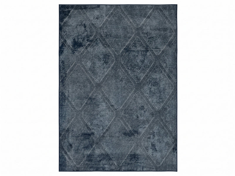 5' x 7' Rectangular Dark Blue & Gray Distressed Geometric Abstract Modern Area Rug featuring subtle diamond patterns with layered slate gray, charcoal, and dark blue tones.