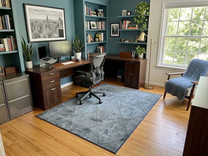 5' x 7' Rectangular Dark Blue & Gray Distressed Geometric Abstract Modern Area Rug placed in a home office with a wooden desk and gray office chair.