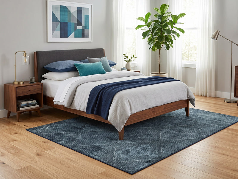 5' x 7' Rectangular Dark Blue & Gray Distressed Geometric Abstract Modern Area Rug styled in a bedroom with a wooden bed and navy blue bedding.