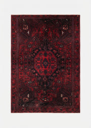 5' x 7' Rectangular Dark Red Black Distressed Geometric Medallion Traditional Area Rug featuring a bold central medallion, intricate geometric motifs, and a distressed vintage finish.