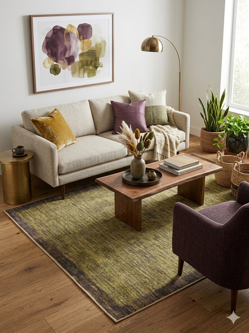 5' x 7' Rectangular Gold & Brown Textured Border Modern Area Rug styled in a contemporary living room.