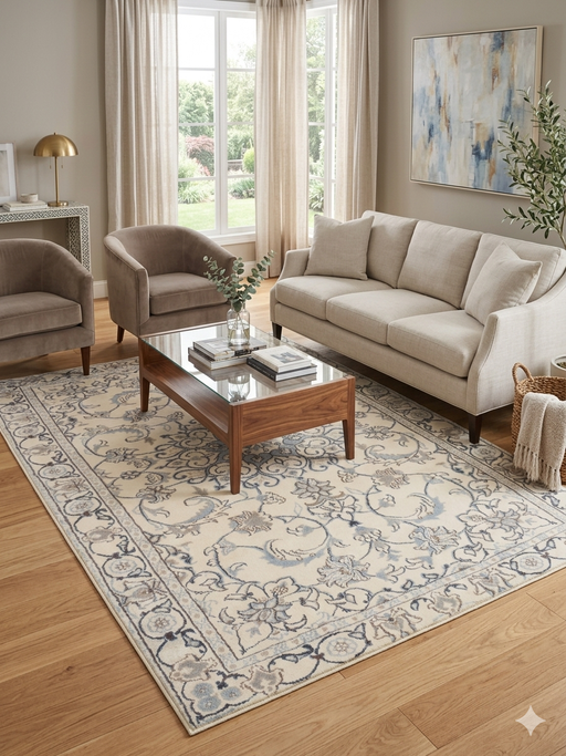 5' x 7' Rectangular Ivory & Blue Floral Traditional Area Rug styled in a living room with neutral seating and a glass coffee table.