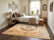 5' x 7' Rectangular Ivory & Blush Pink Floral Medallion Traditional Vintage Area Rug placed in a cozy bedroom with a wooden bed and white bedding.