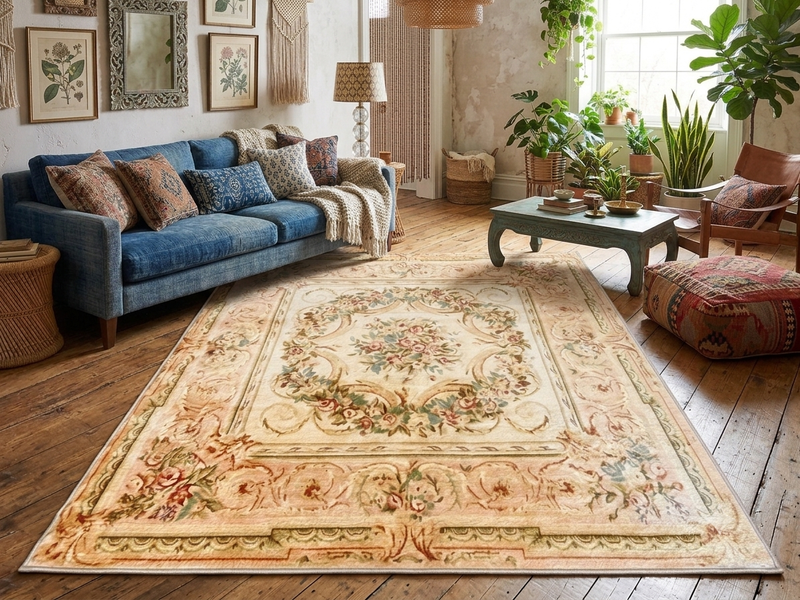5' x 7' Rectangular Ivory & Blush Pink Floral Medallion Traditional Vintage Area Rug styled in a bohemian living room with a blue sofa and wooden coffee table.