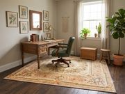 5' x 7' Rectangular Ivory & Blush Pink Floral Medallion Traditional Vintage Area Rug styled in a home office with a wooden desk and green upholstered chair.