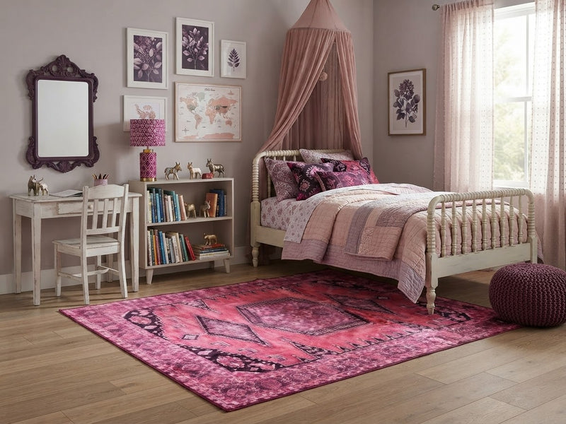 5' x 7' Rectangular Magenta Pink Distressed Tribal Geometric Bohemian Area Rug placed in a bedroom with a white wooden bed and pink canopy.