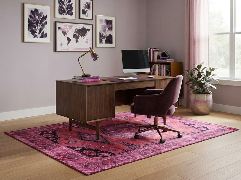 5' x 7' Rectangular Magenta Pink Distressed Tribal Geometric Bohemian Area Rug styled in a home office with a wooden desk and purple upholstered chair.