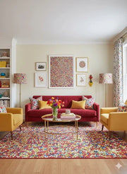 5' x 7' Rectangular Multi Color Confetti Pattern Contemporary Area Rug styled in a vibrant living room under a round coffee table with a red sofa, yellow accent chairs, framed artwork, and bright natural light.