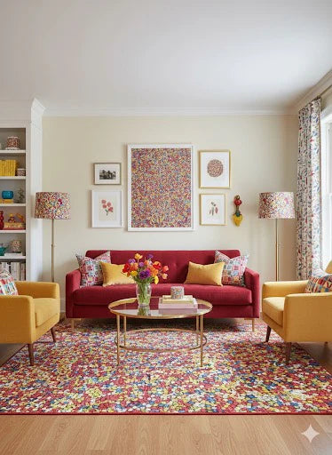 5' x 7' Rectangular Multi Color Confetti Pattern Contemporary Area Rug styled in a vibrant living room under a round coffee table with a red sofa, yellow accent chairs, framed artwork, and bright natural light.